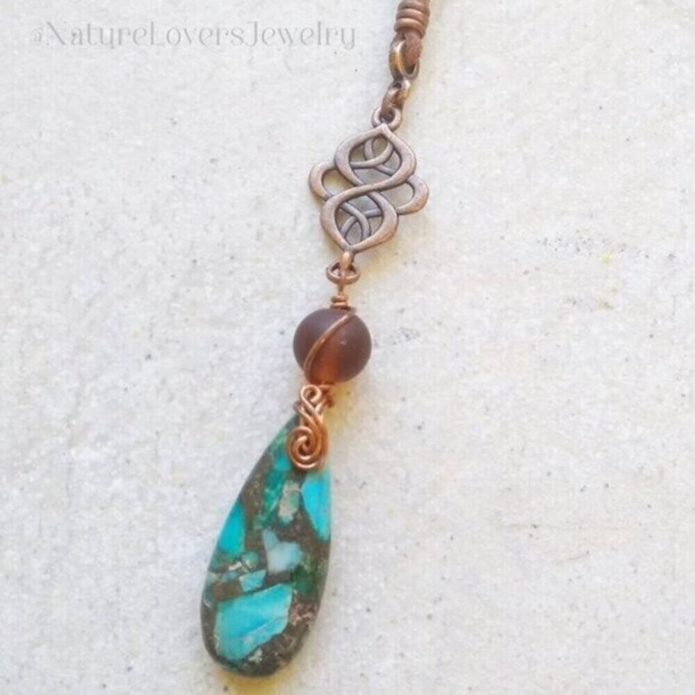 One-of-a-kind Celtic Knot & Sea Sediment Jasper Necklace w. 45" Faux Suede Cord
